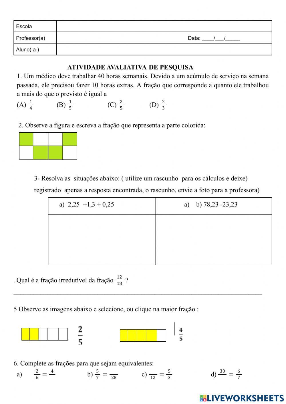Números decimais - Adição, subtração, multiplicação e divisão.