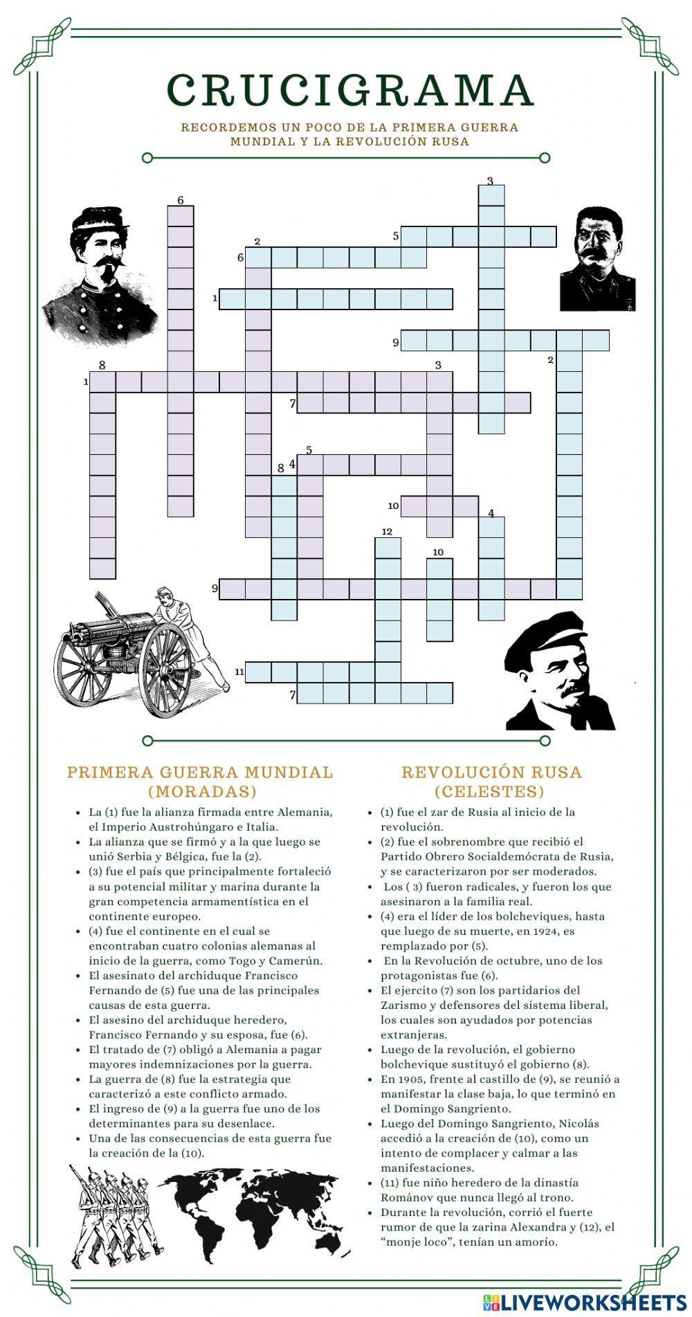 Crucigrama de la Revolución Rusa y Primera Guerra Mundial