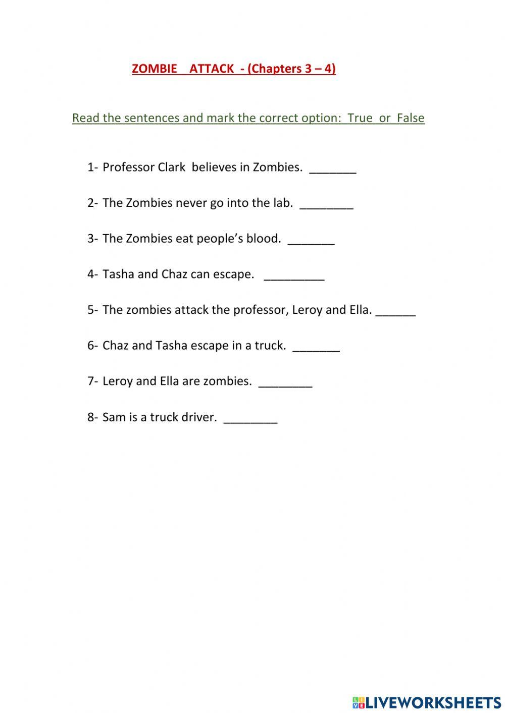 Zombie attack chp 3, 4 worksheet Live Worksheets