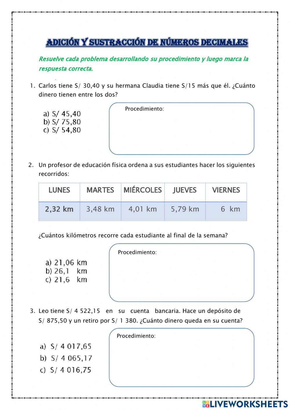 Adición y sustracción de decimales