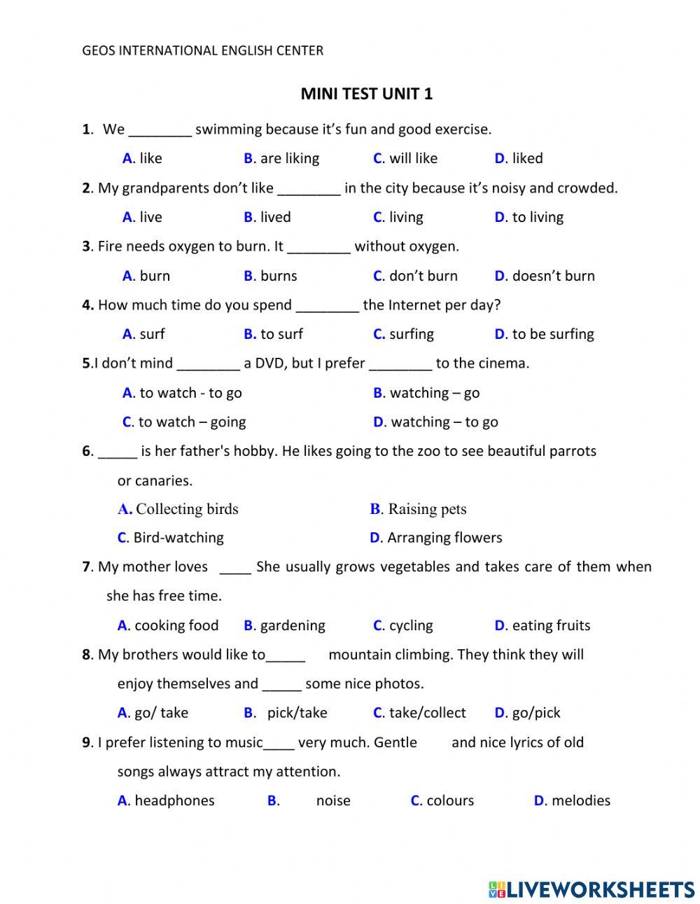 Mini test Unit 1 -Grade 7