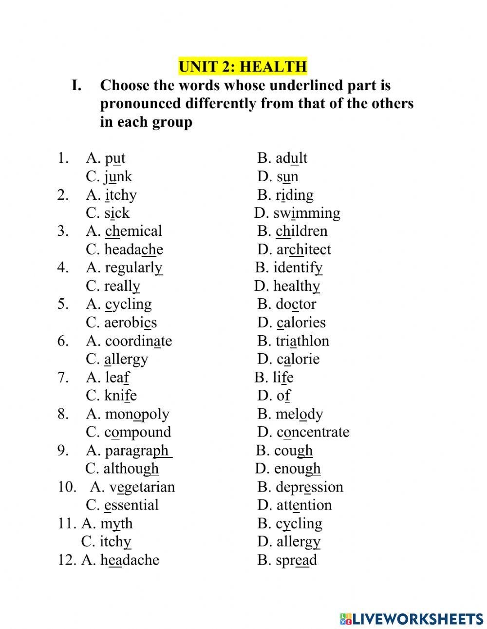 Test lớp 7 PRONUNCIATION unit 2
