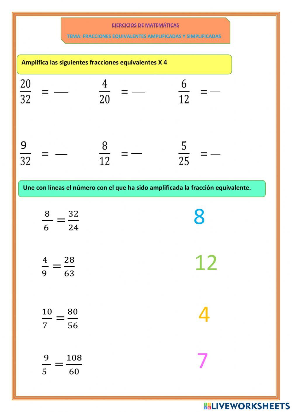 Ejercicios con fracciones equivalentes  amplificadas y simplificadas