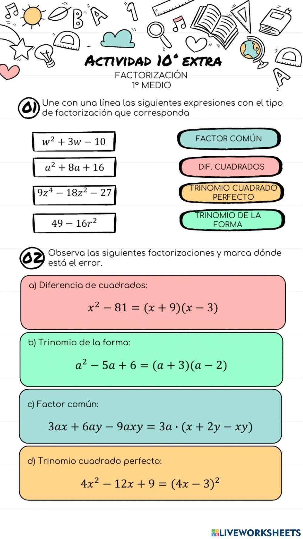 ACTIVIDAD (10-Extra:Factorización 1°medio)