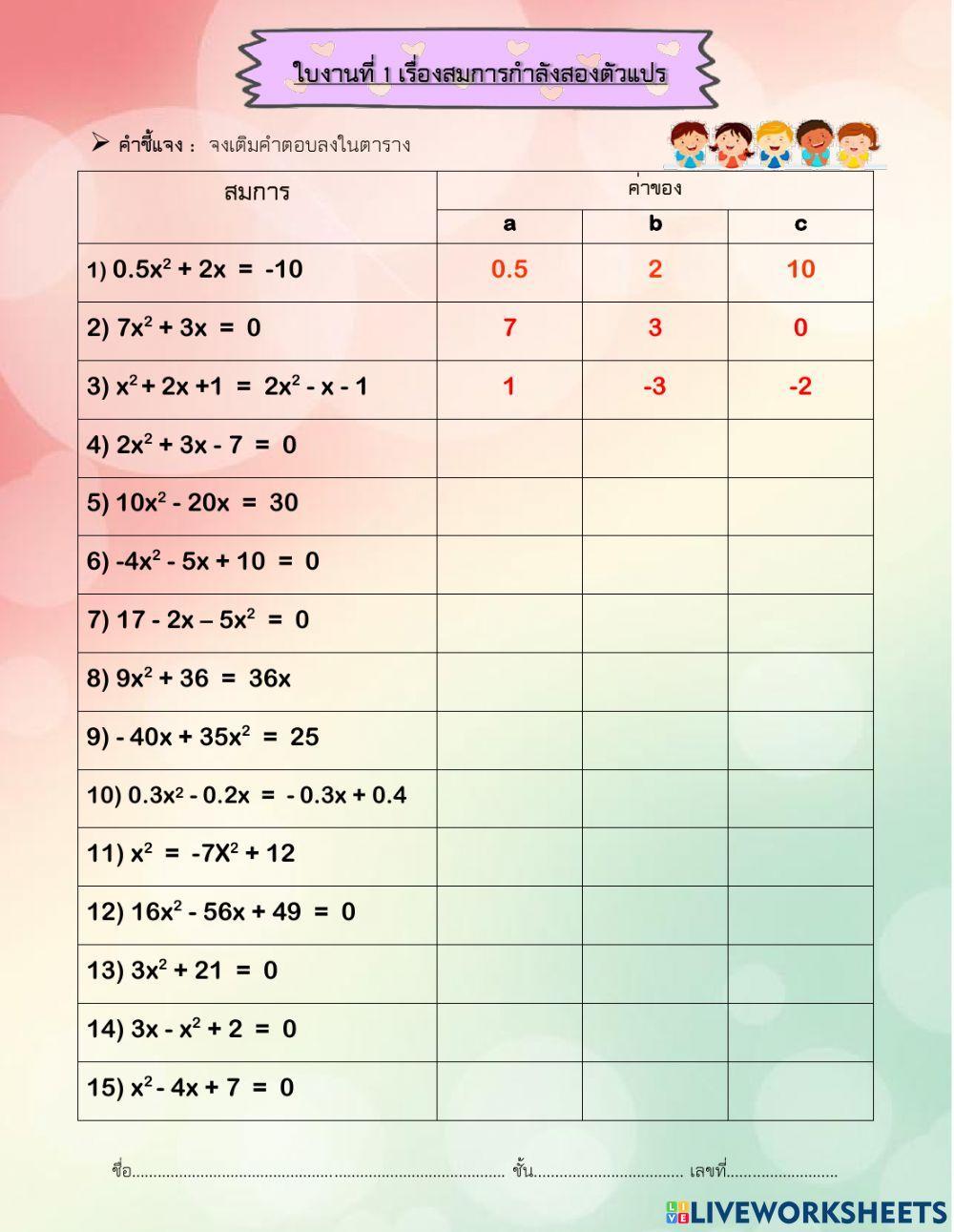 ใบงานที่ 1 สมการกำลังสองตัวแปรเดียว
