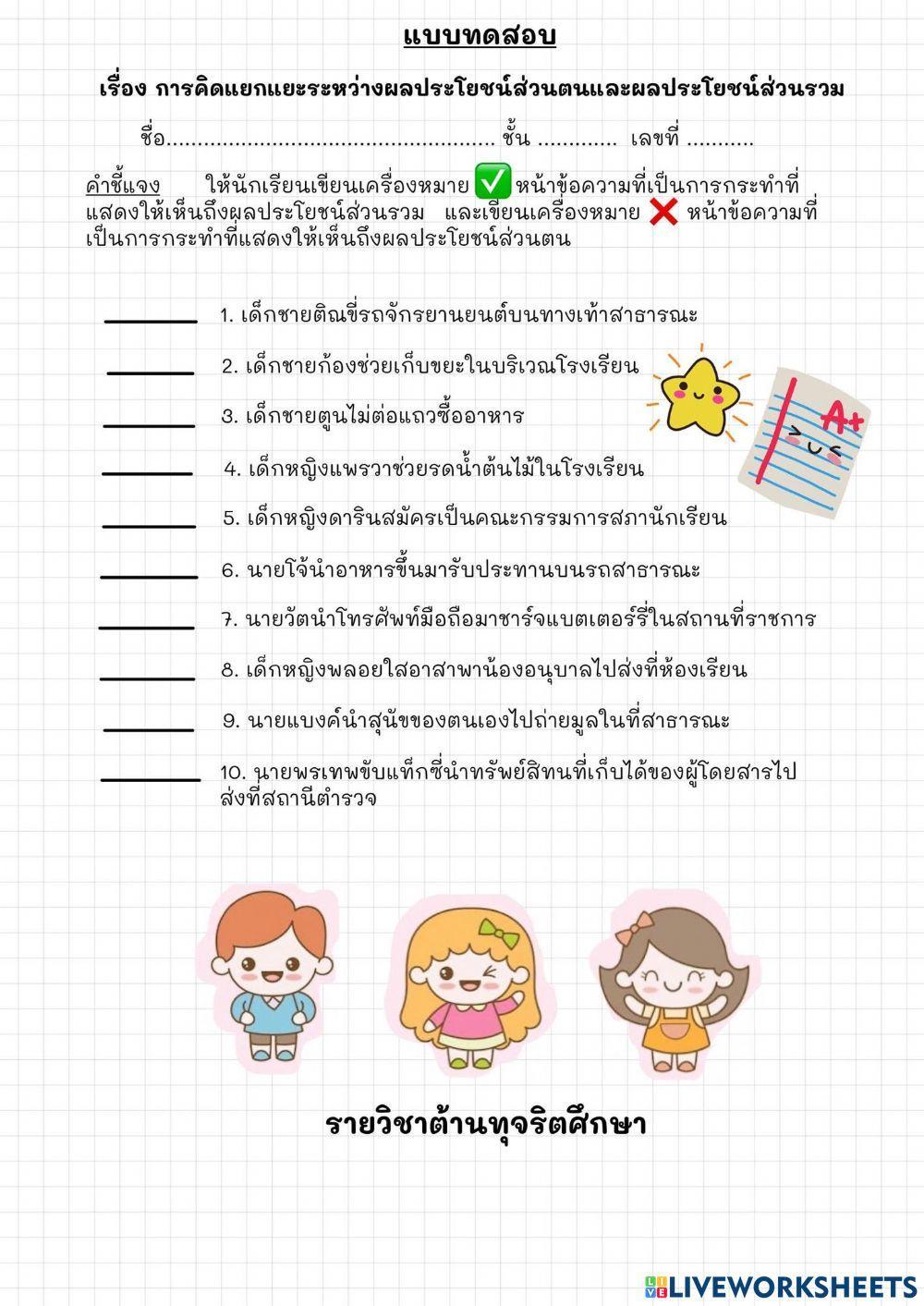 รายวิชาเพิ่มเติมต้านทุจริตศึกษา ใบงานที่1