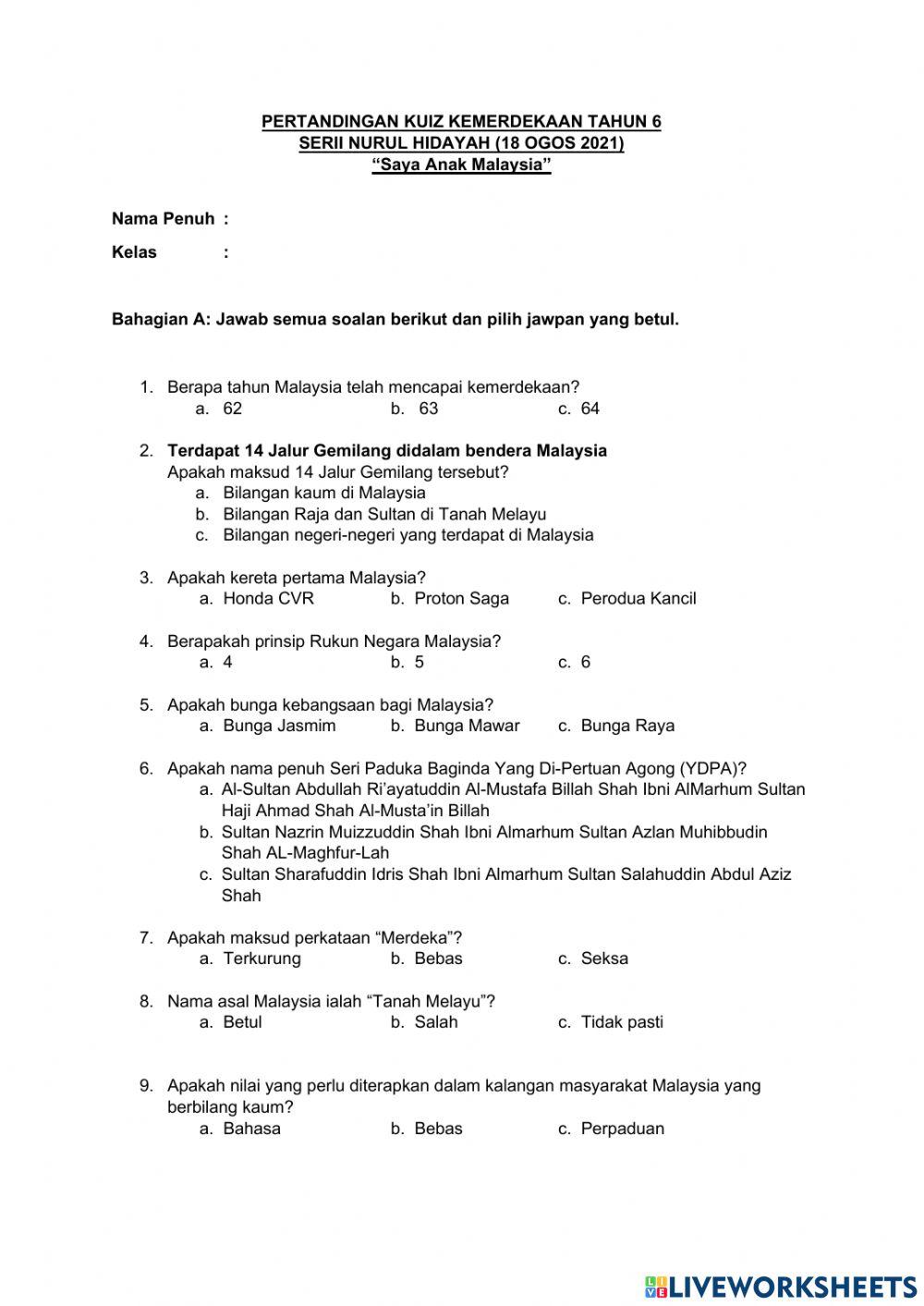 Pertandingan Kuiz Kemerdekaan Tahun 6