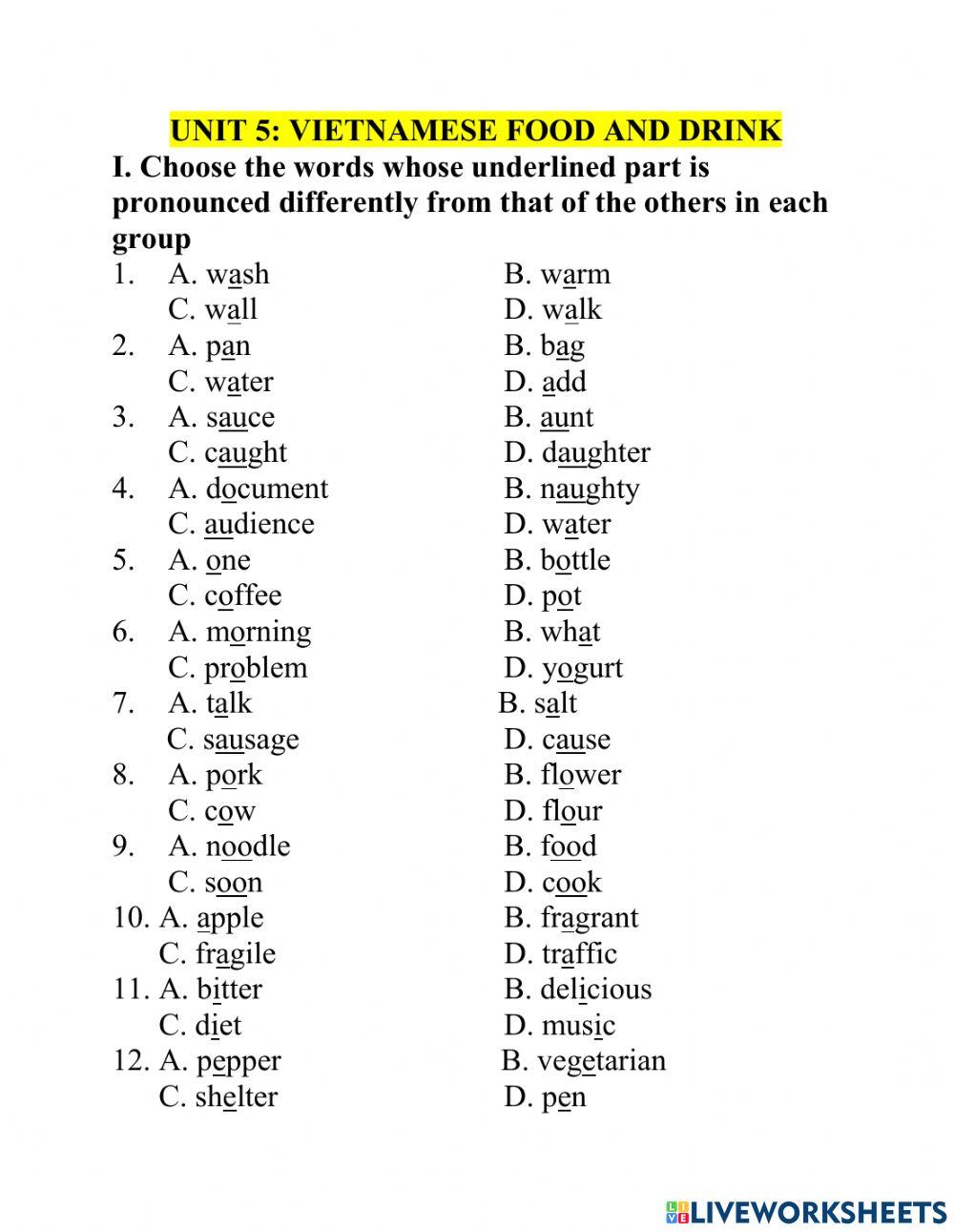 Test lớp 7 PRONUNCIATION unit 5