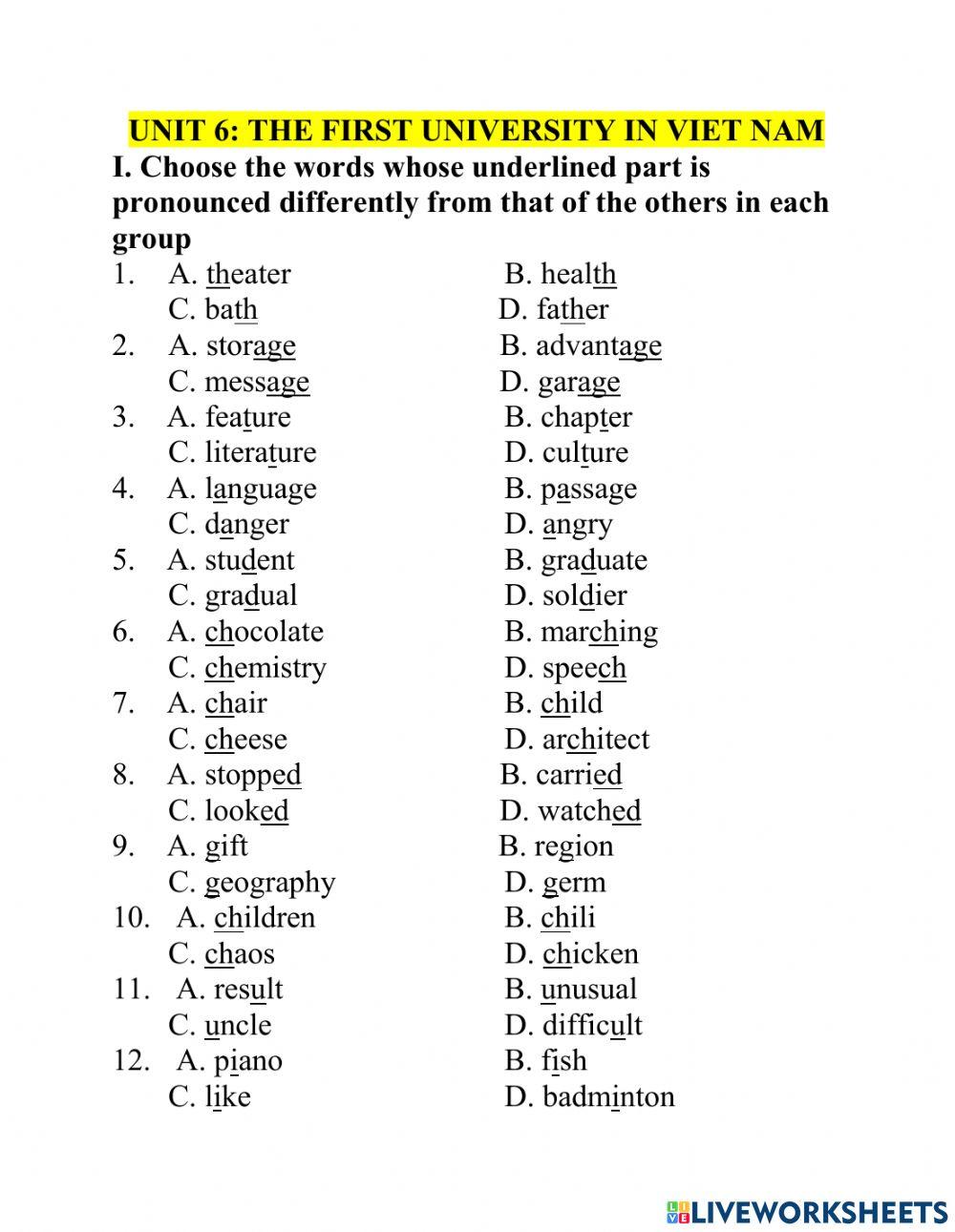 Test lớp 7 PRONUNCIATION unit 6