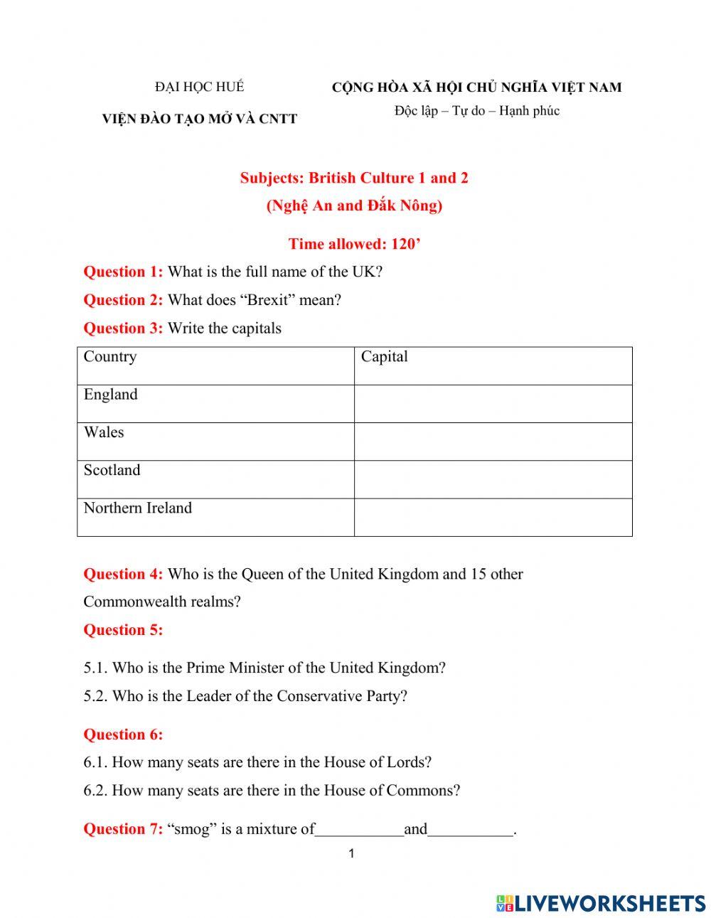 British Culture 1 and 2 Mid-term Test