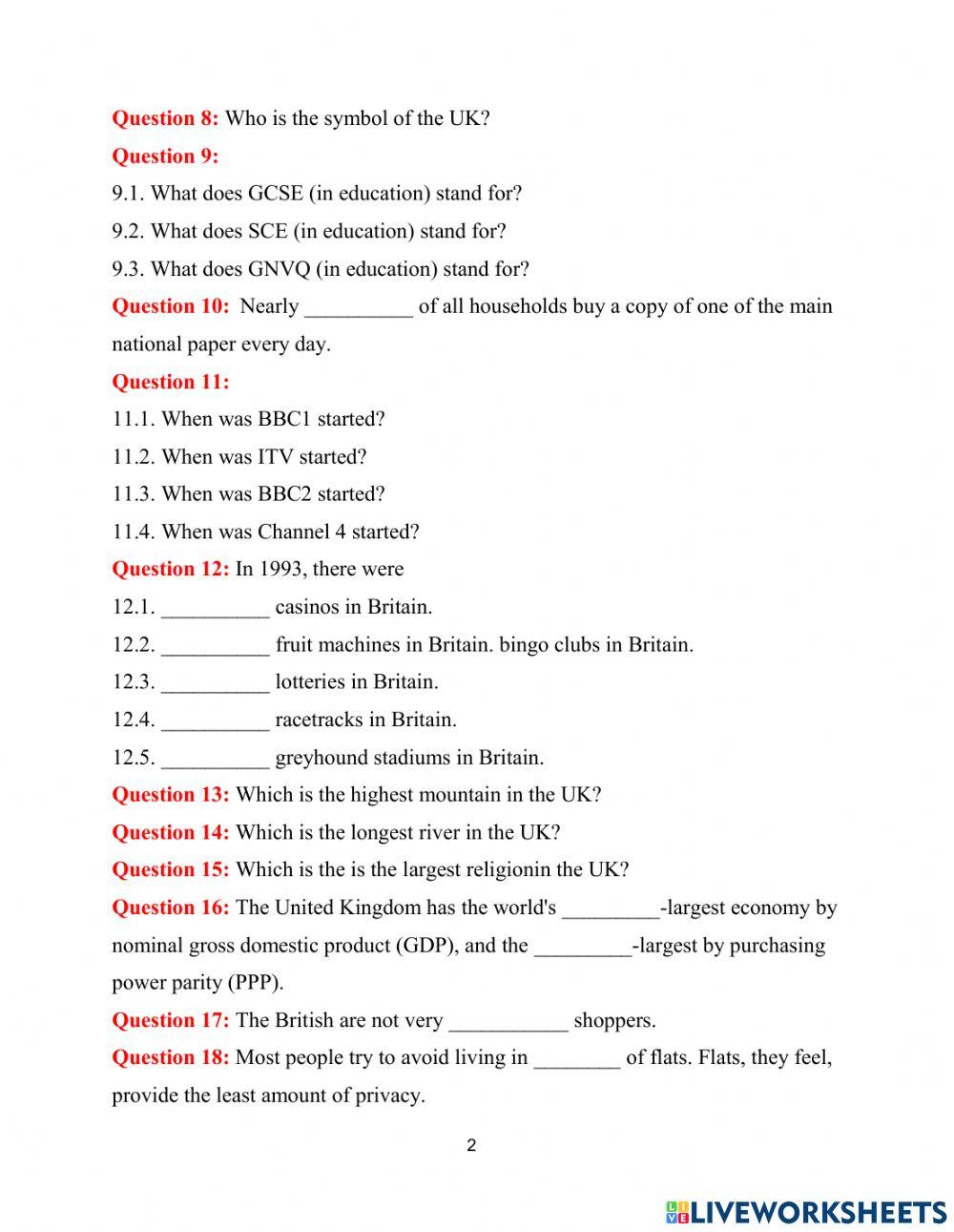 British Culture 1 and 2 Mid-term Test