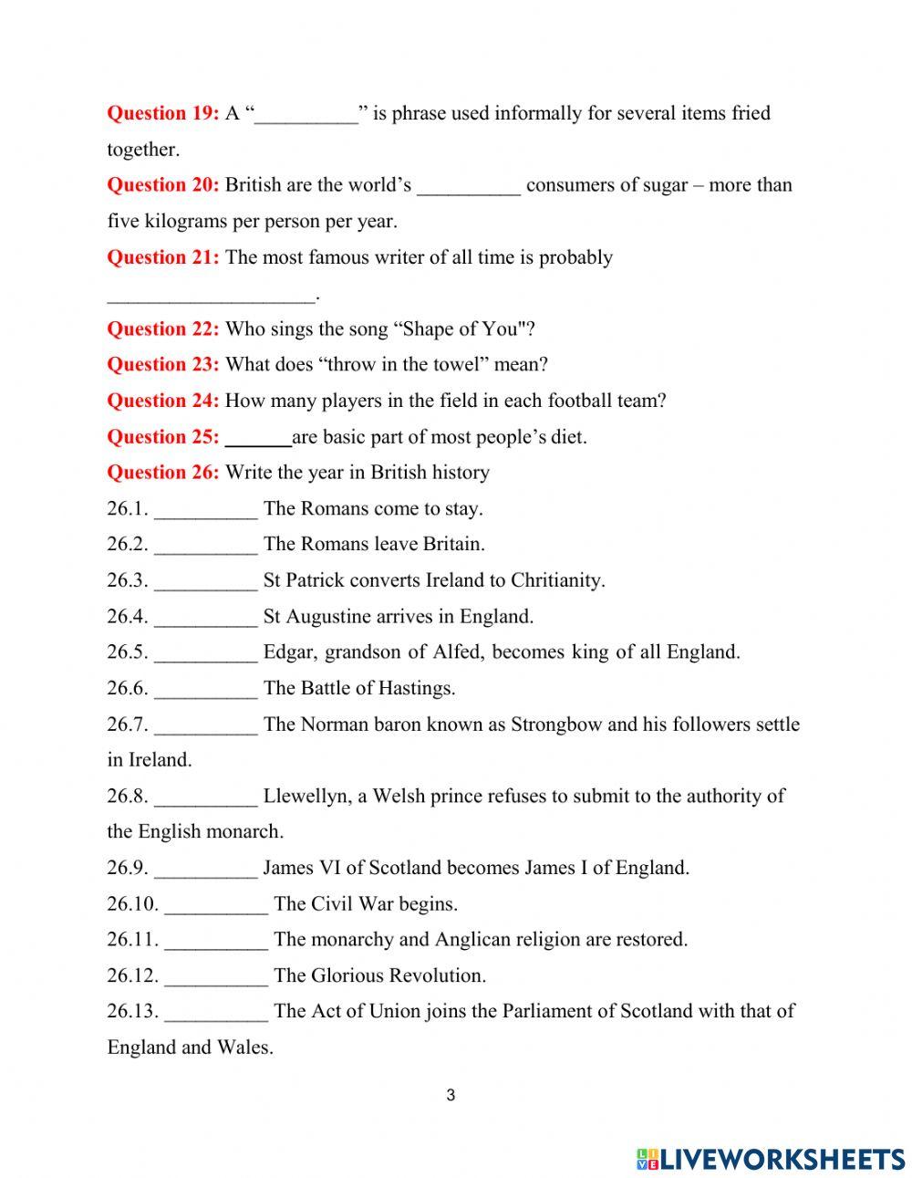 British Culture 1 and 2 Mid-term Test