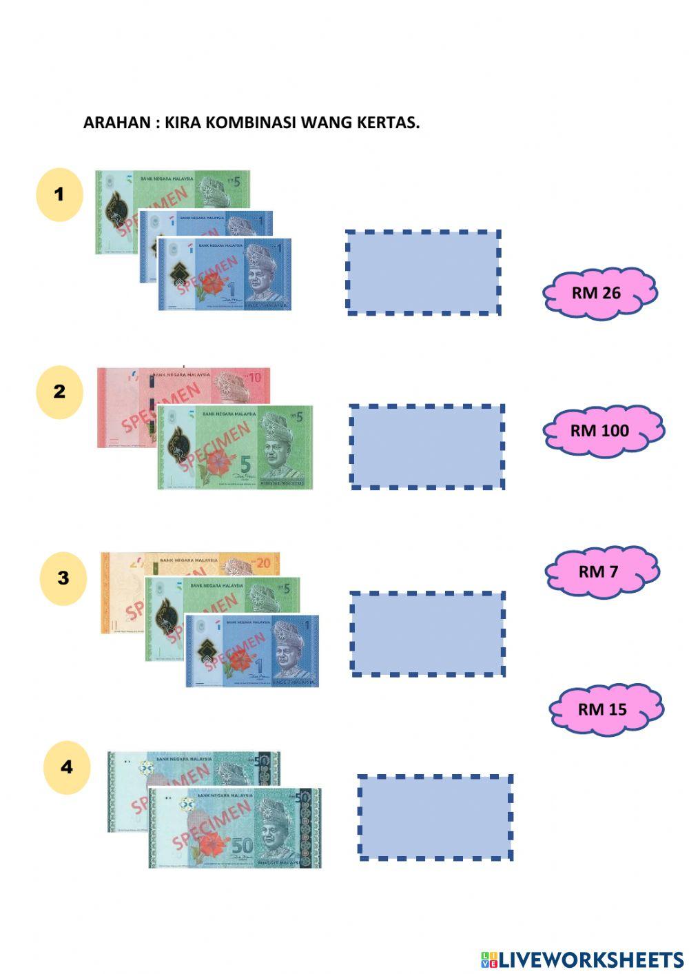 Latihan kombinasi wang syiling dan wang kertas