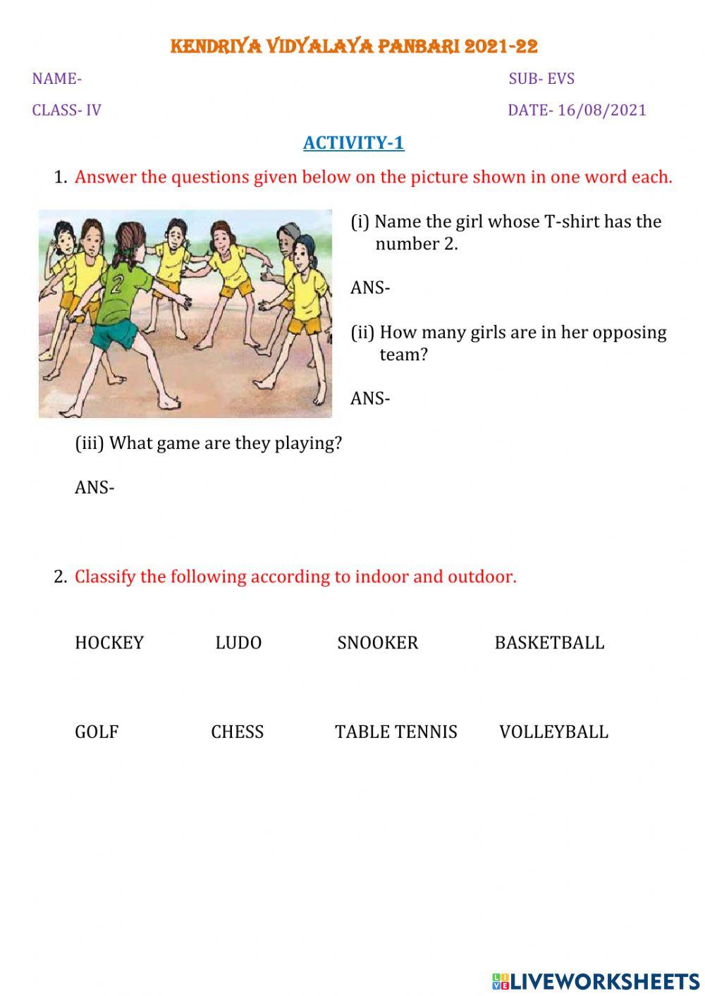 Indoor and Outd… | Free Interactive Worksheets | 1265717