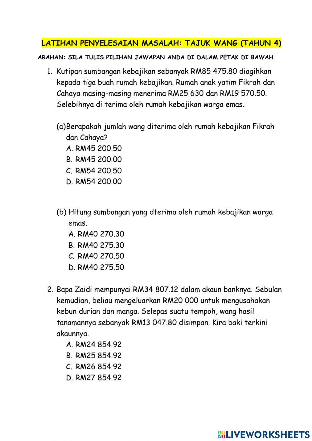 Penyelesaian Masalah Wang Tahun 4