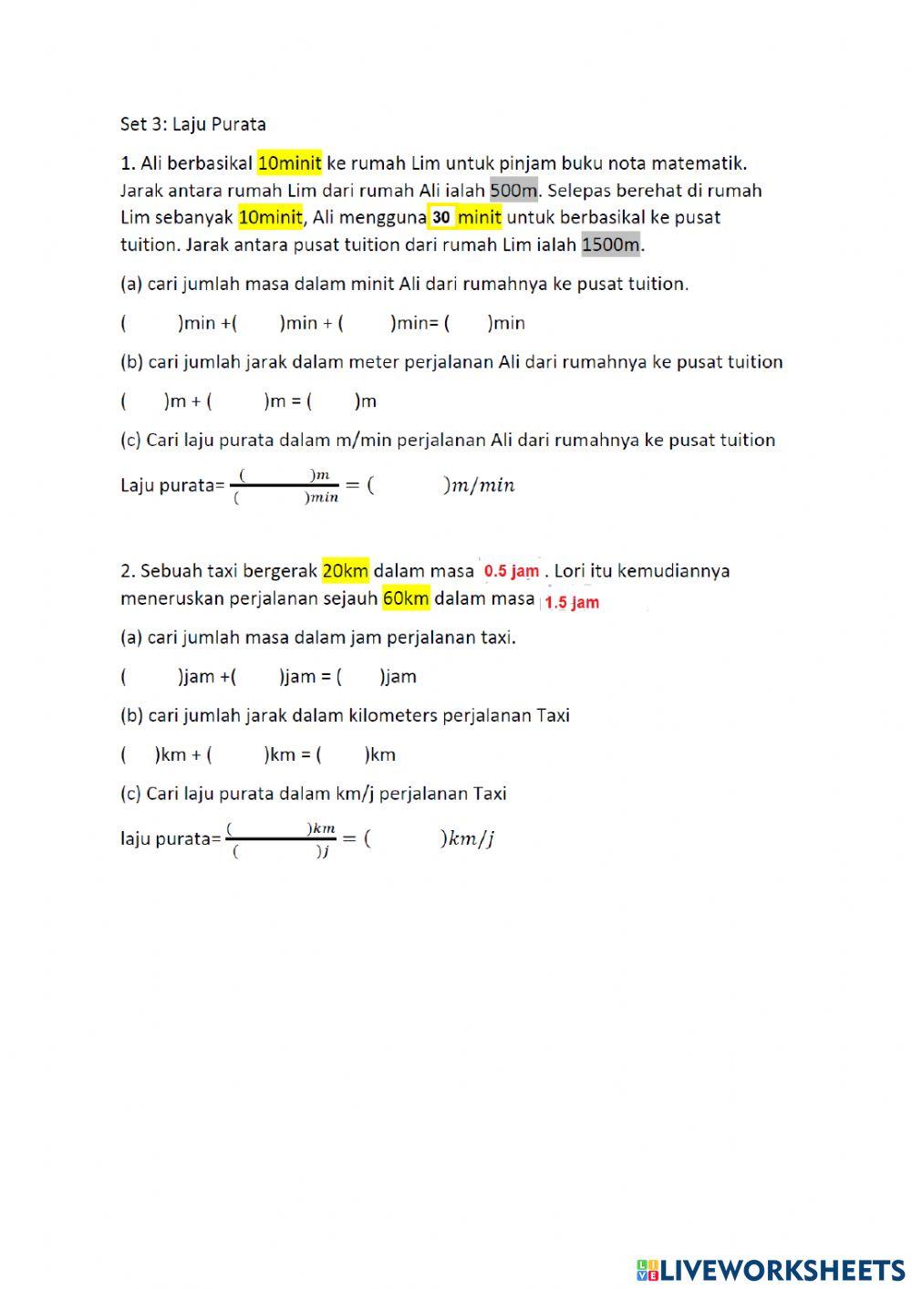 Laju purata worksheet 3