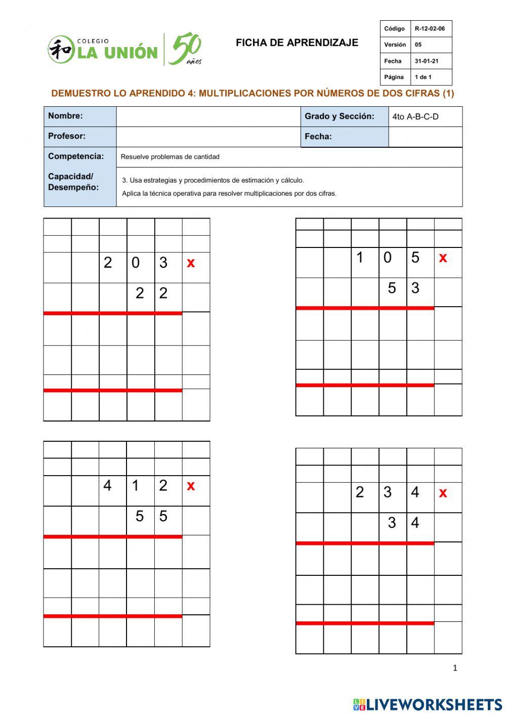 Demuestro lo aprendido 4 (parte 1) Multiplicaciones por dos cifras