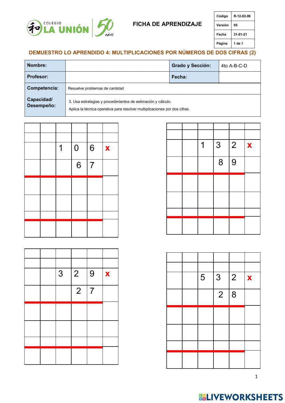 Demuestro lo aprendido 4 (parte 2) Multiplicaciones por dos cifras