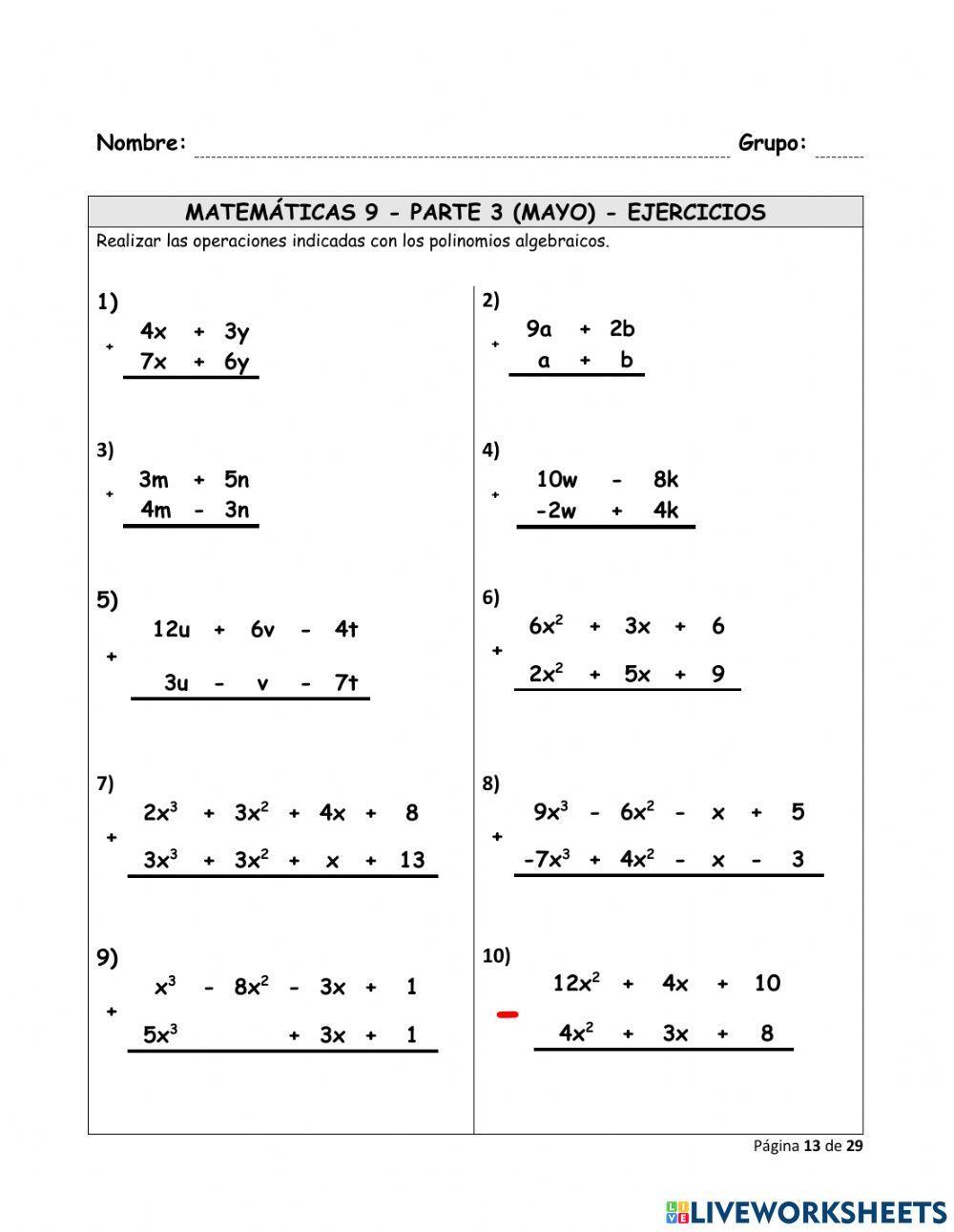 Suma de polinomios algebraicos
