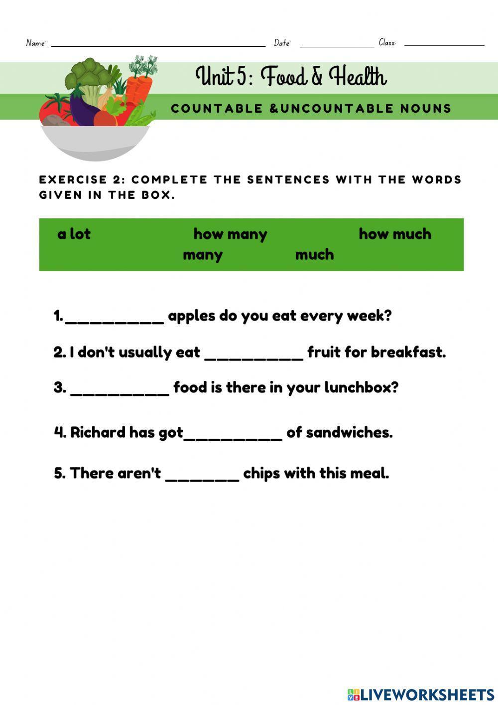Unit 5 Food& Health (countable and countable nouns) Unit 5 Food& Health (countable and countable nouns)