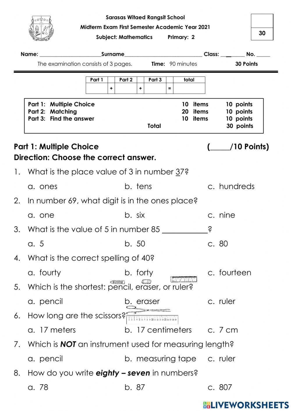 Midterm exam 1 2021 mathematics primary 2 online exercise for live