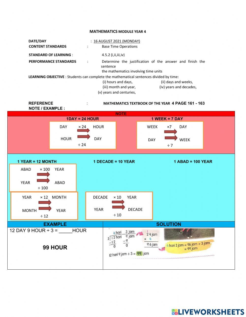 Time online exercise for YEAR 4 | Live Worksheets
