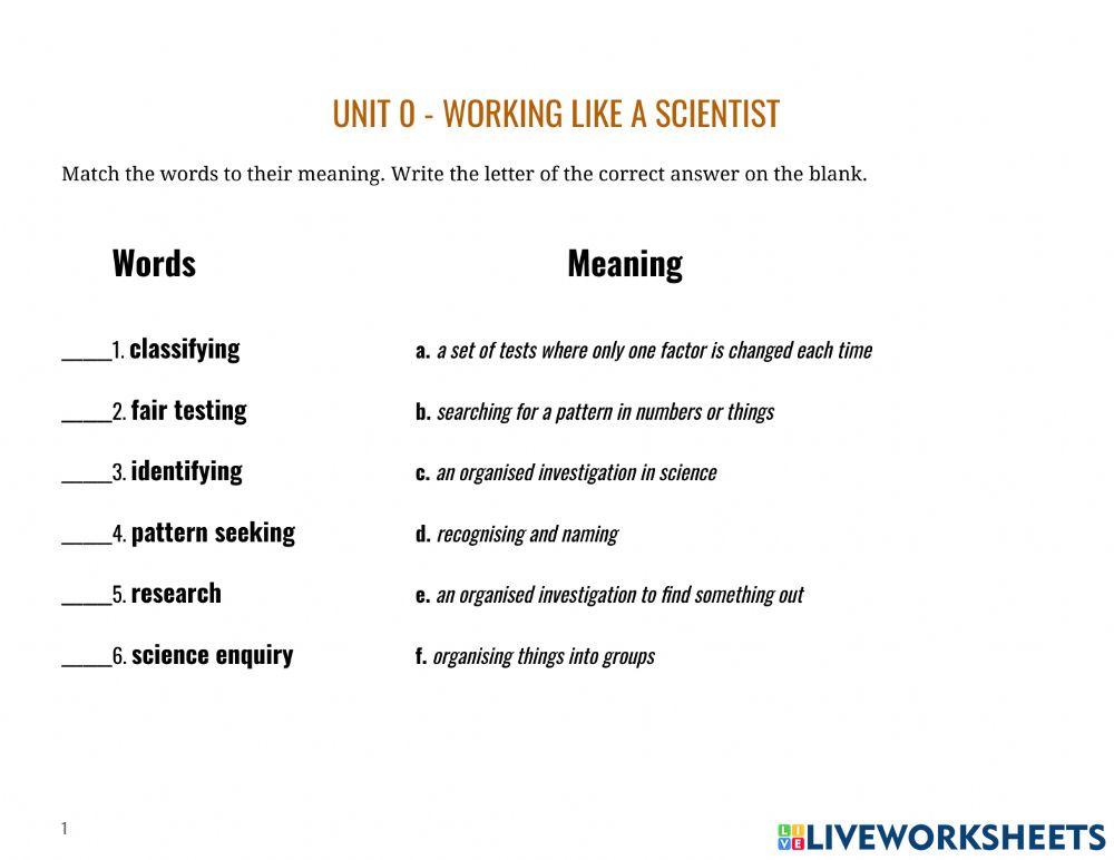 Word bank unit 0 - working like a scientist