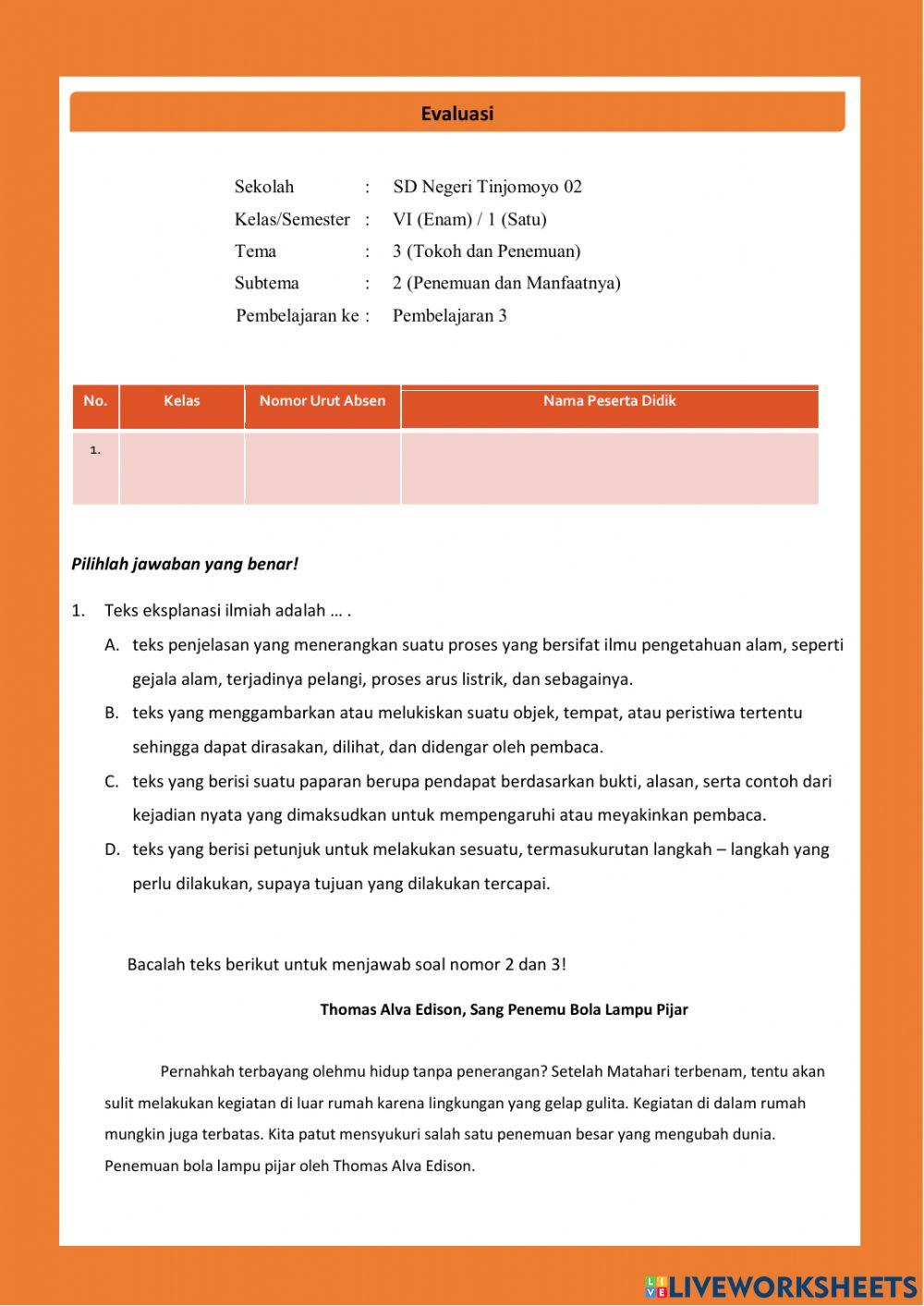 Evaluasi Tema 3 Subtema 2 Pembelajaran 3