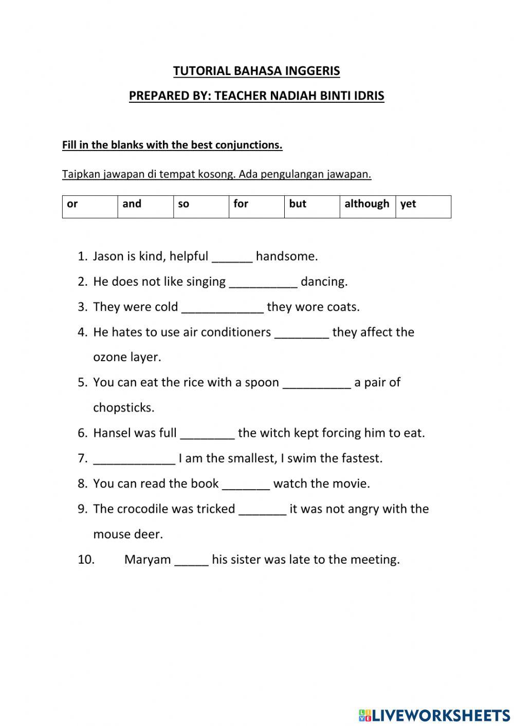 CONJUNCTIONS online pdf worksheet Live Worksheets