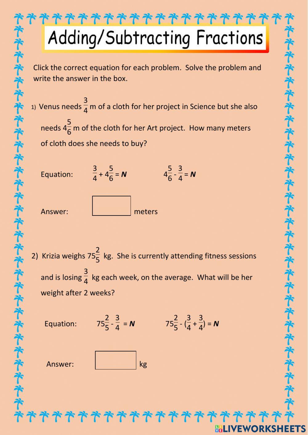Problem solving (addition - subtraction of fractions)