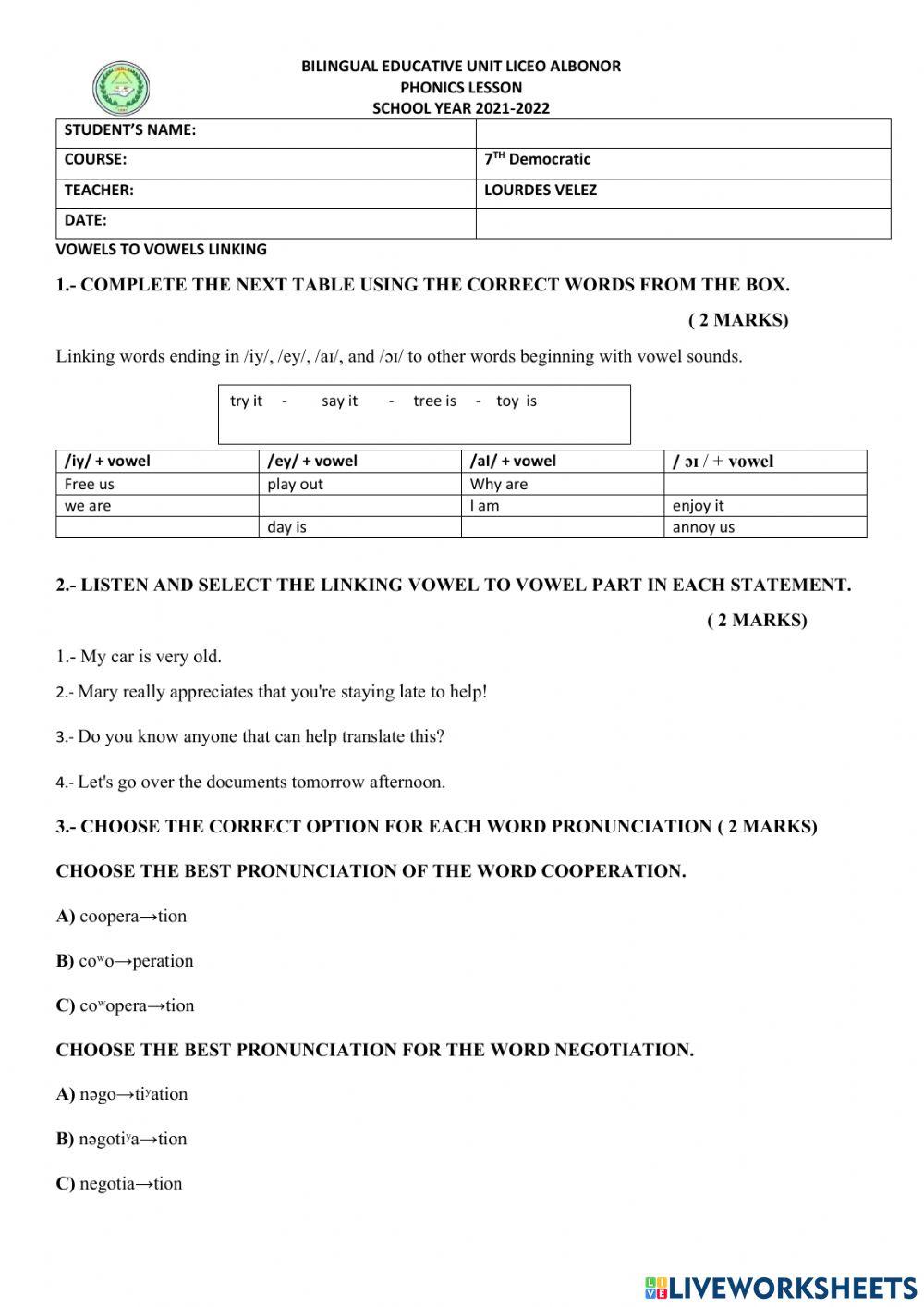 Vowels to vowels linking exercise live worksheets