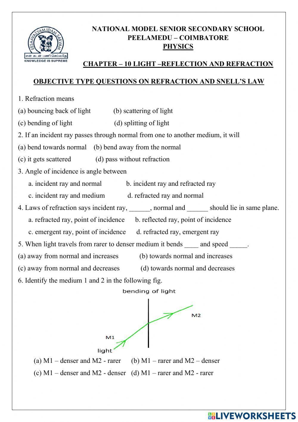 Snell's law worksheet Live Worksheets