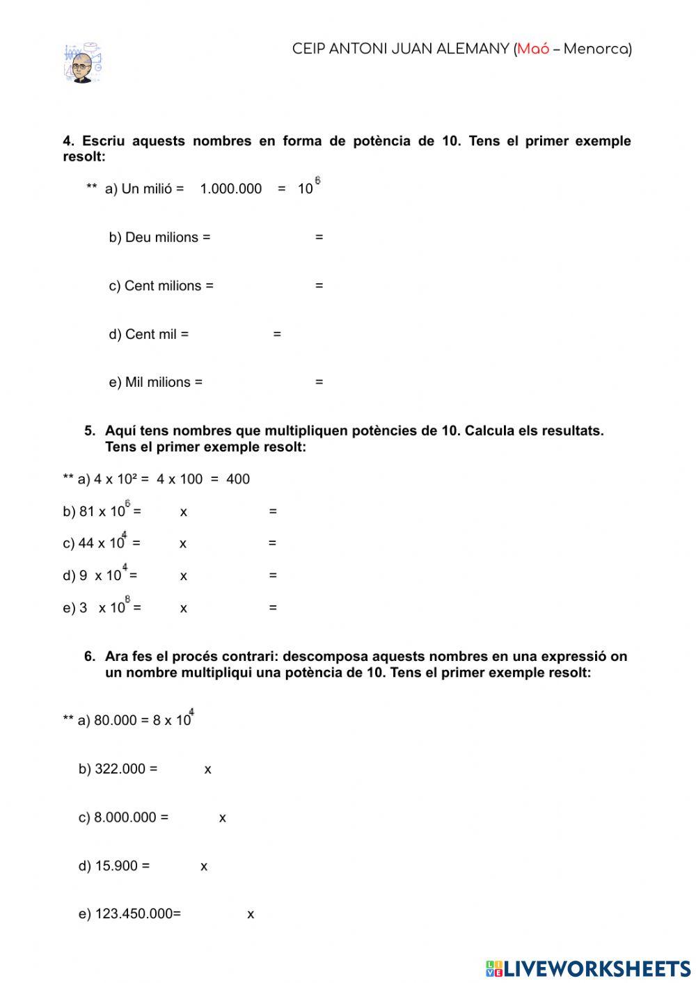 Potències de 10 + escriptura abreujada de nombres grans