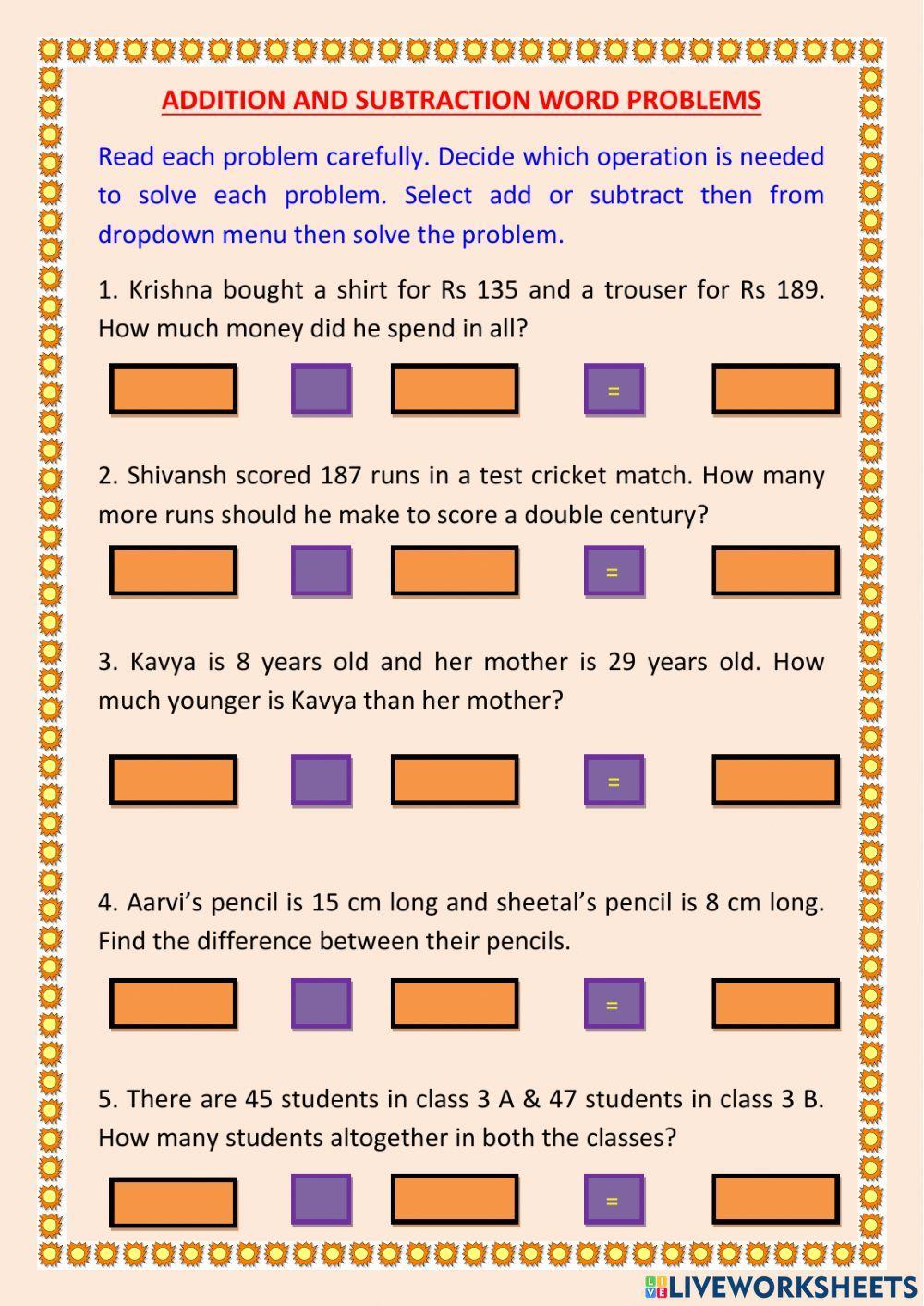 Addition and Subtraction word problems