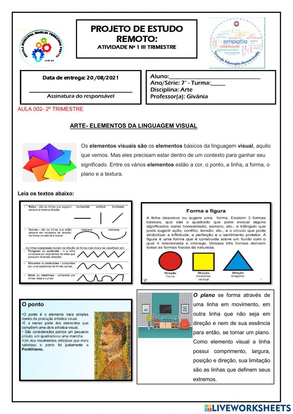 Atividade de arte 7 ano- Elementos da linguagem visual