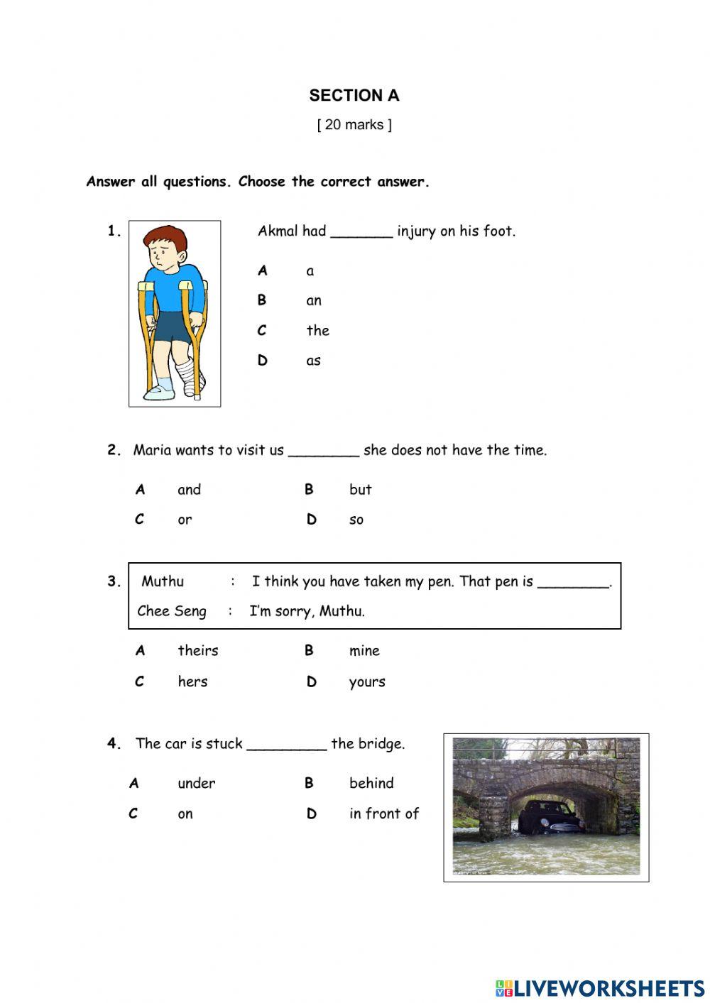 English Year 3 Paper 1 Section A