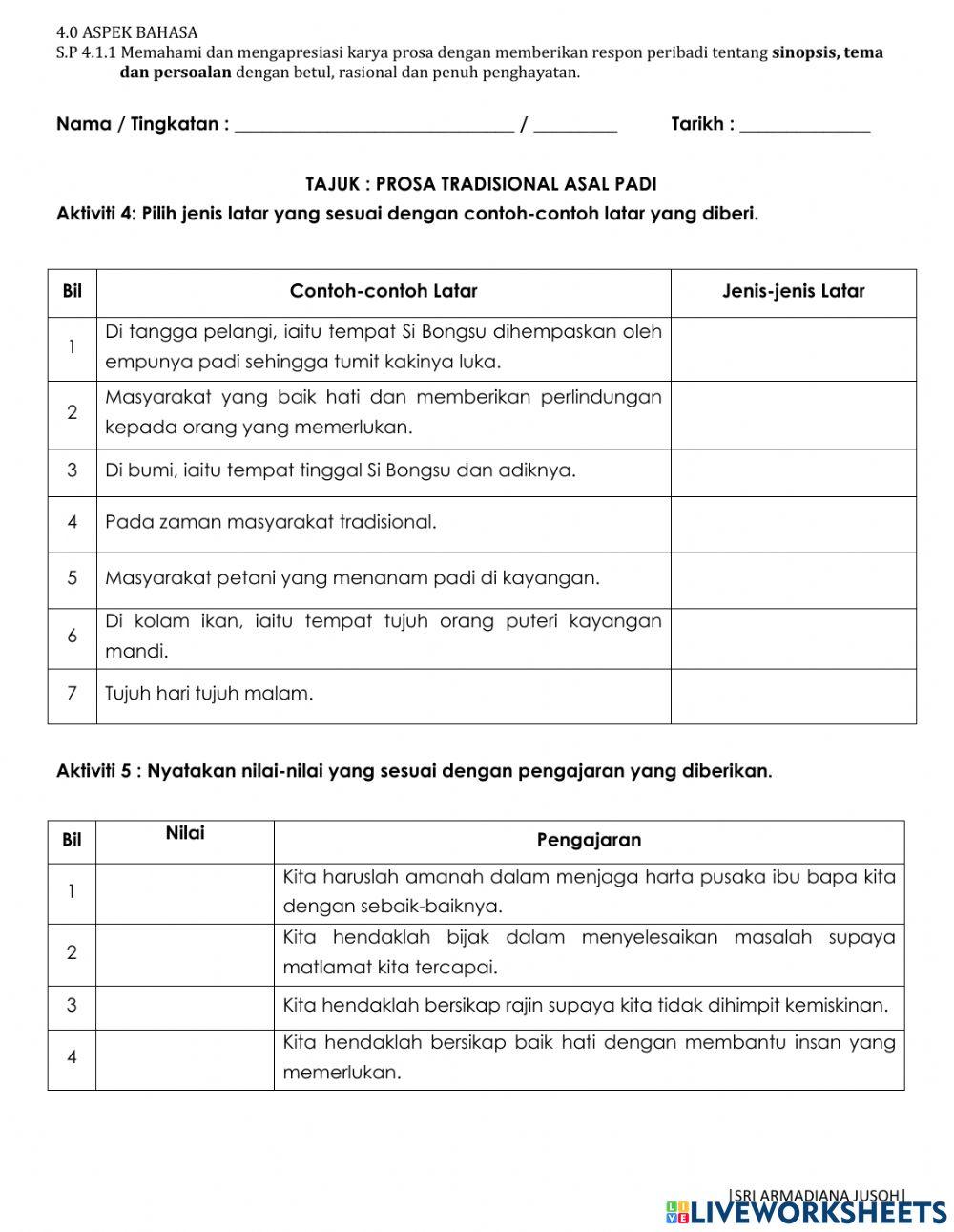 S.p 4.1.1 prosa asal padi ( latar, nilai, pengajaran & soalan pemahaman)