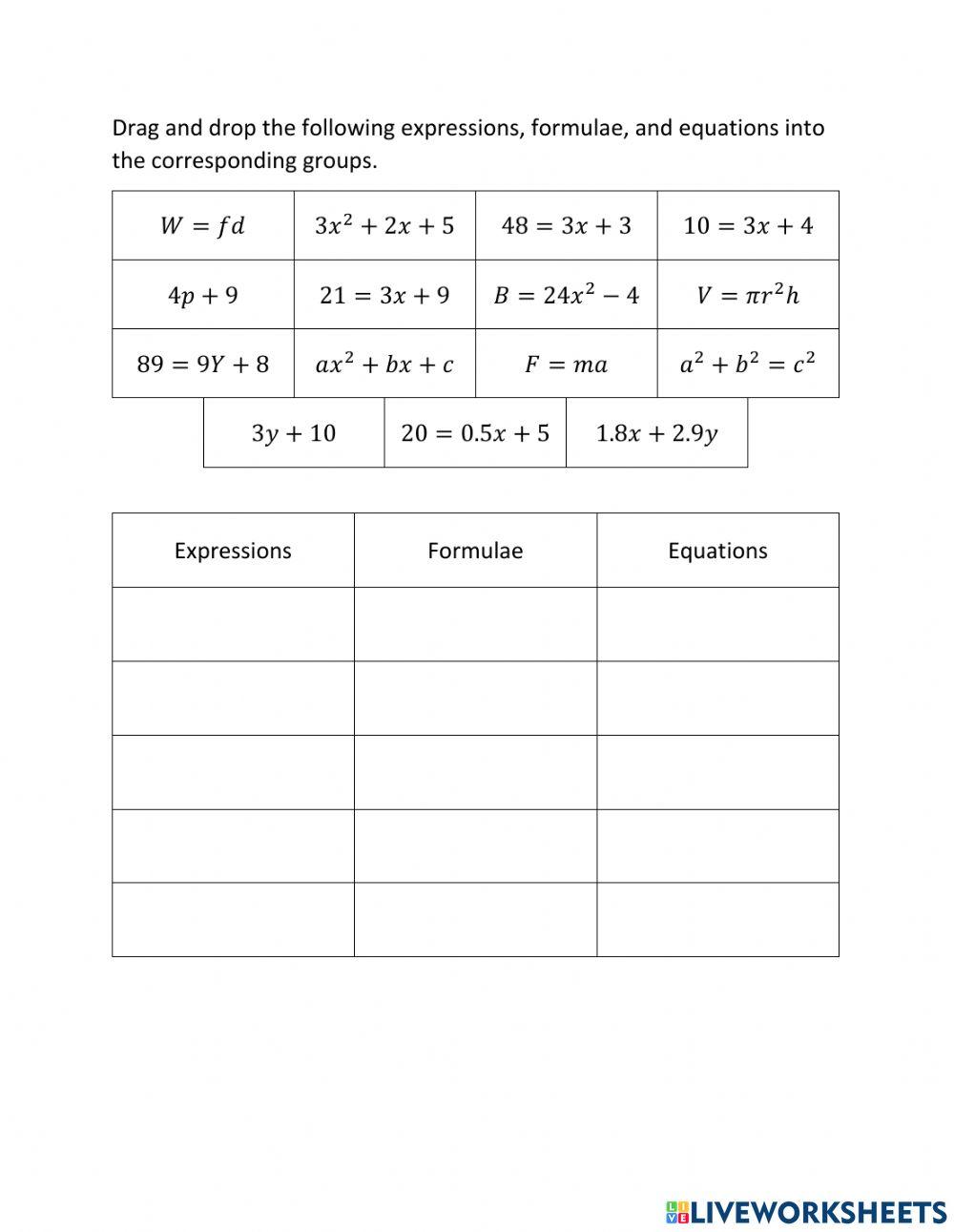 Expressions, Formulae, and Equations Drag and Drop