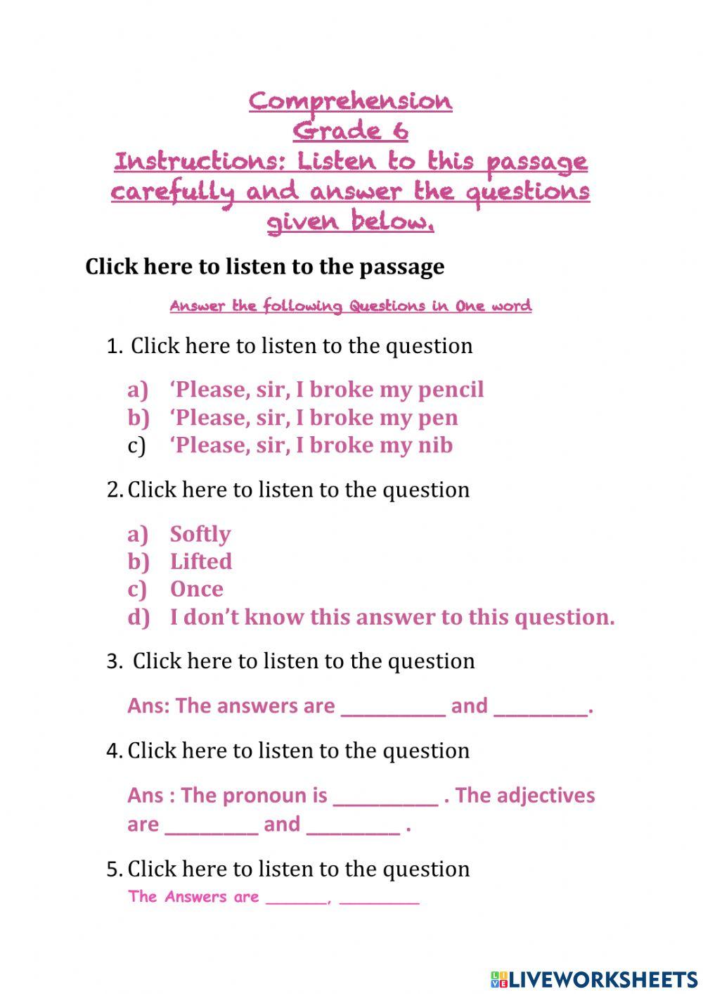 Comprehension worksheet for grade 6