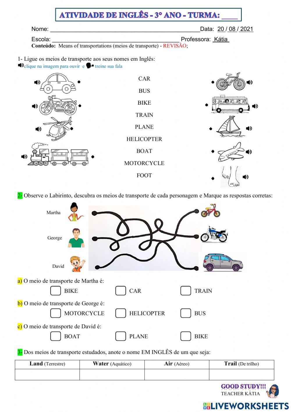3° ano - INGLÊS - MEANS OF TRANSPORT- 20-08-21