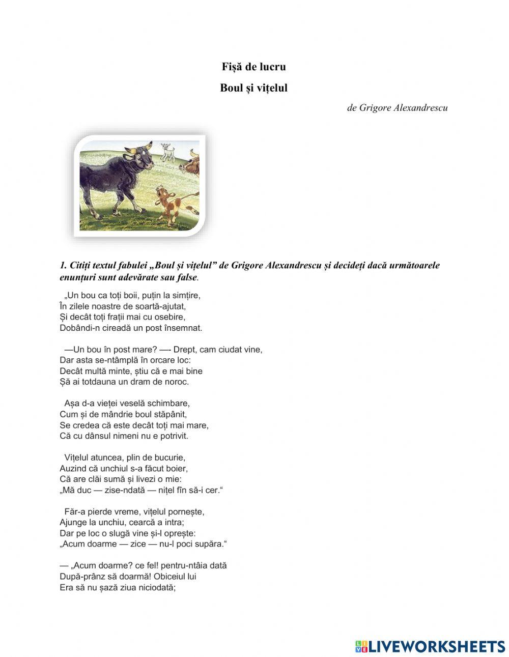 FIȘĂ DE LUCRU-„Boul și vițelul” de Grigore Alexandrescu