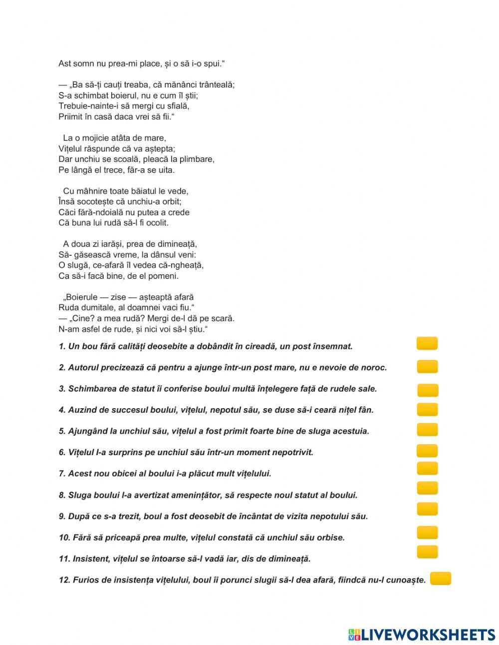 FIȘĂ DE LUCRU-„Boul și vițelul” de Grigore Alexandrescu