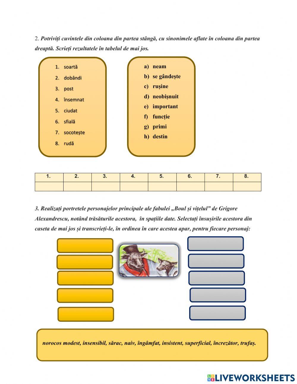 FIȘĂ DE LUCRU-„Boul și vițelul” de Grigore Alexandrescu