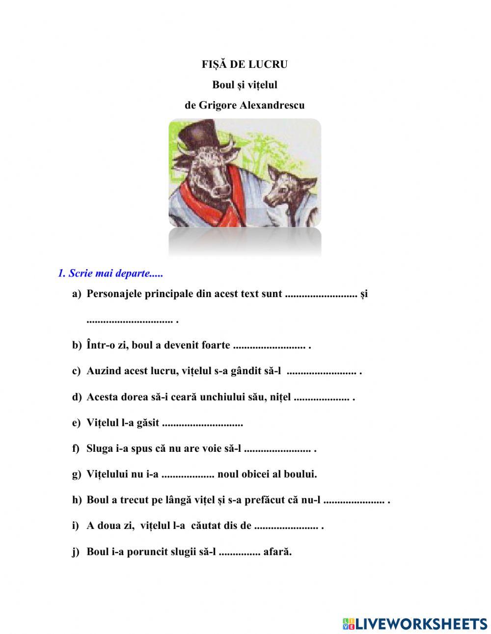 Fișă de lucru adaptată la fabula „Boul și vițelul” de Grigore Alexandrescu