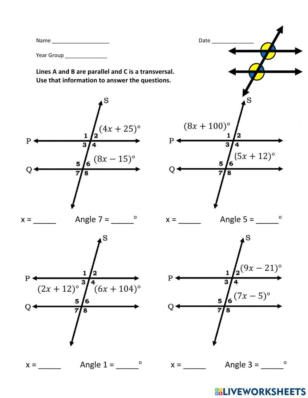 Parallel and Perpendicular Lines with a Trasnversal Line - Find the Angle