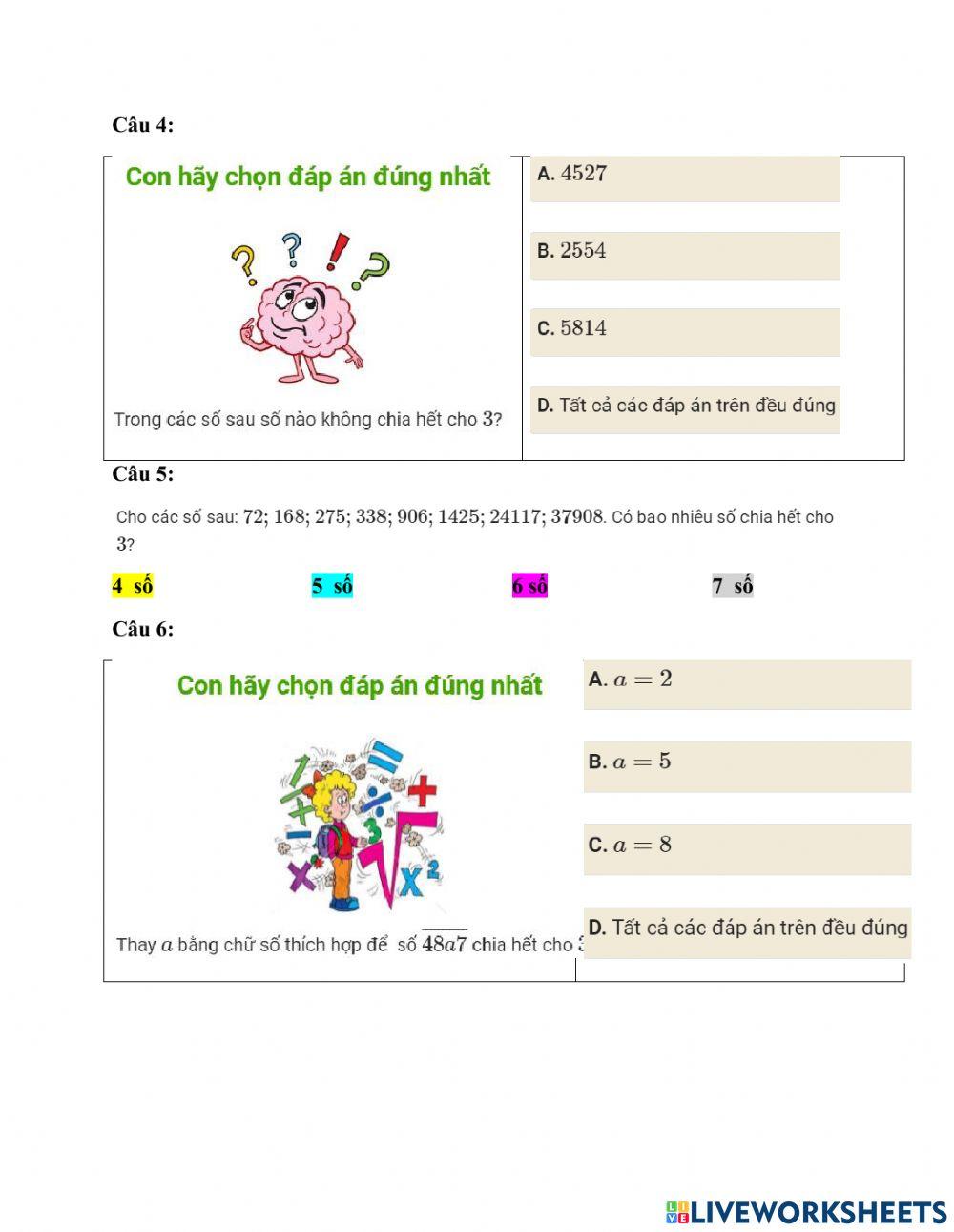 Dấu hiệu chia hết cho 3 - phiếu số 15