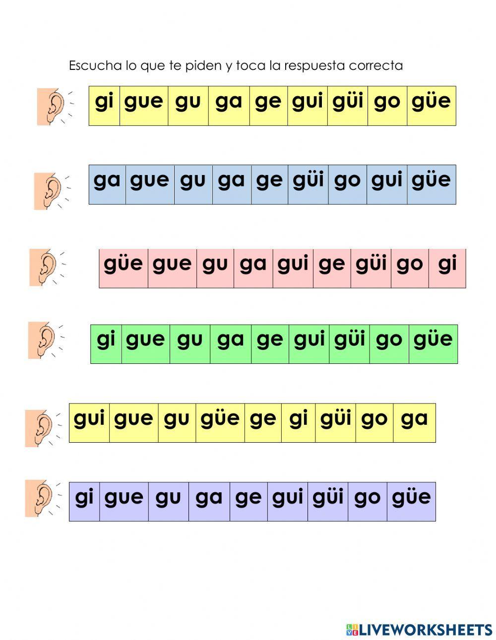 Escritura de palabras con ga, gue, gui, go, gu, ge, gi