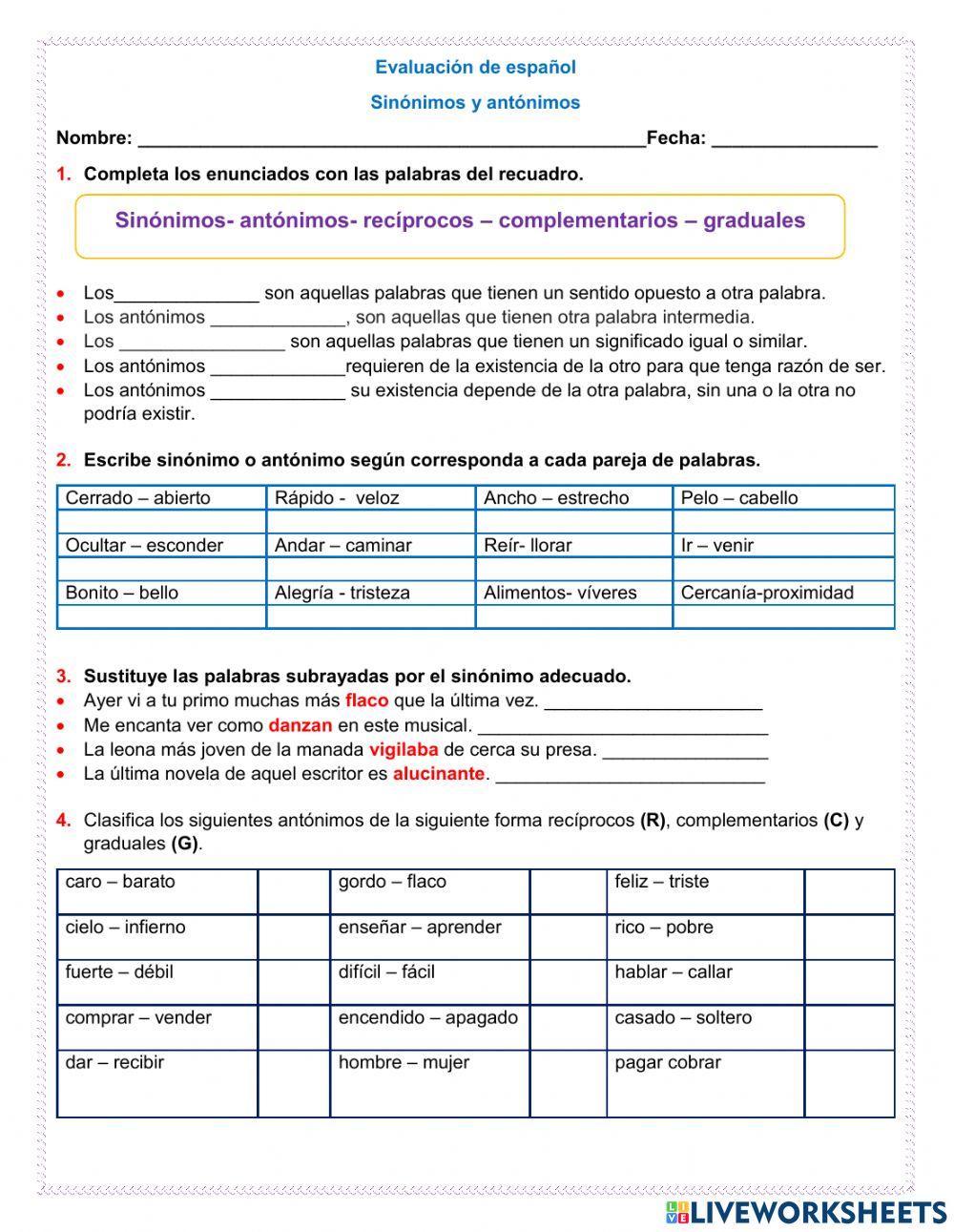 Sinónimos y antónimos online exercise for Quinto | Live Worksheets