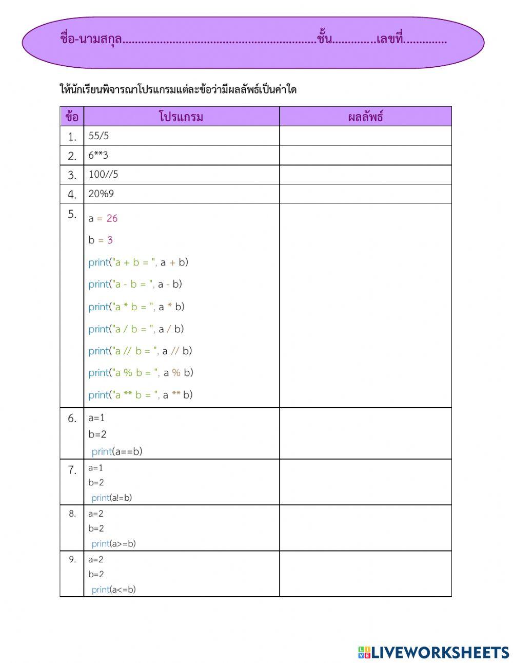 แบบฝึกหัดตัวดำเนินการ Python