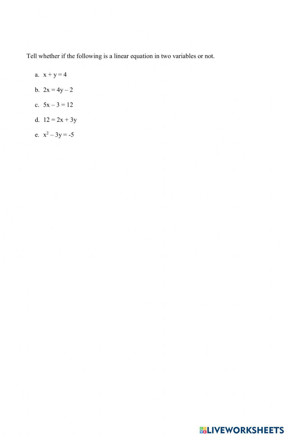 Linear Equation in two variables online exercise for | Live Worksheets